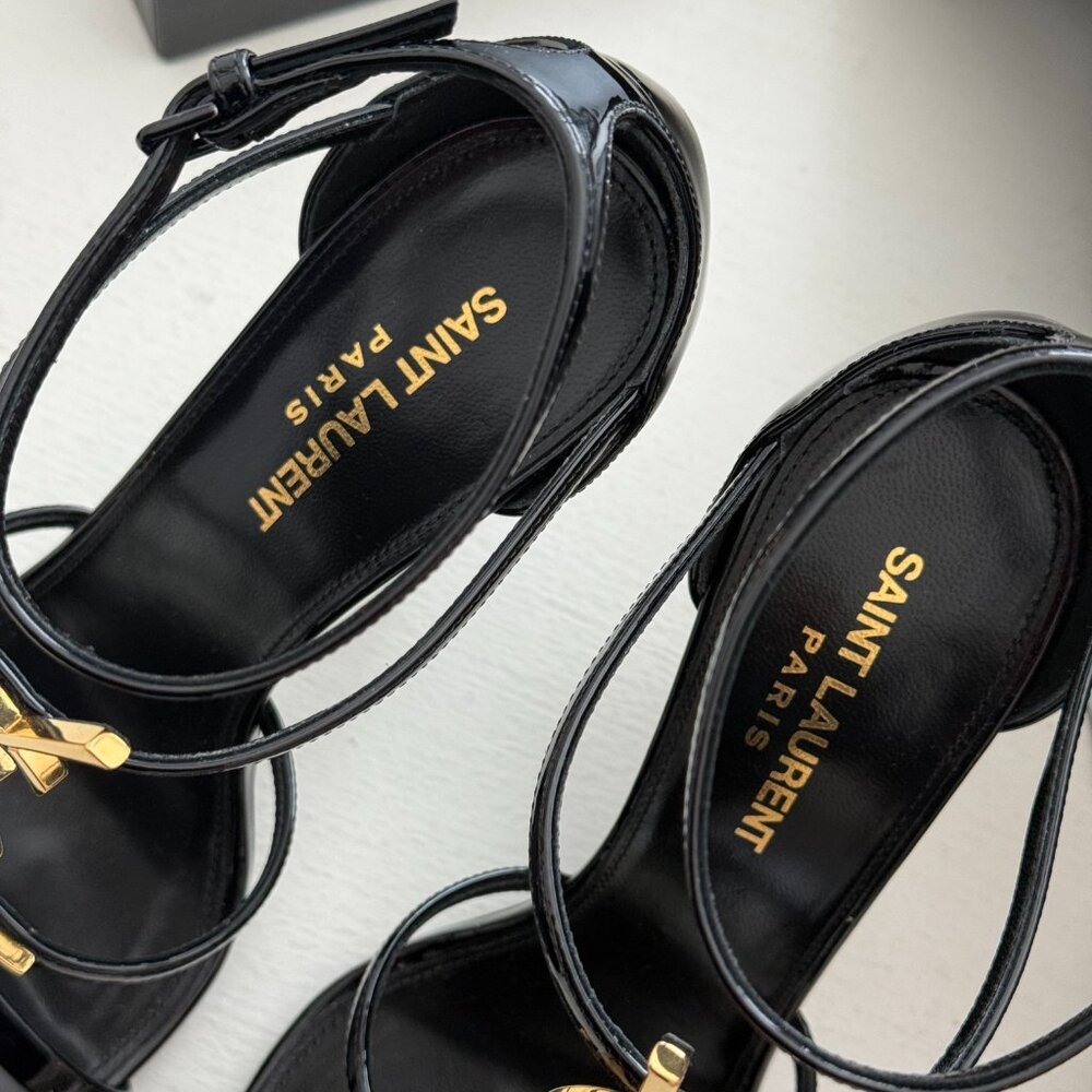 Saint Laurent Cassandra YSL Medallion Strappy Stiletto Sandals | Size 37.5 / 7.5 - Picture 8 of 11